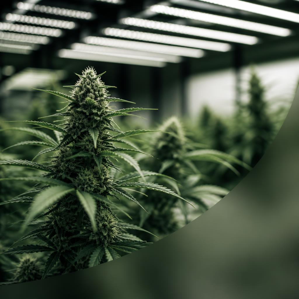 Cannabis plants under LED grow lights.