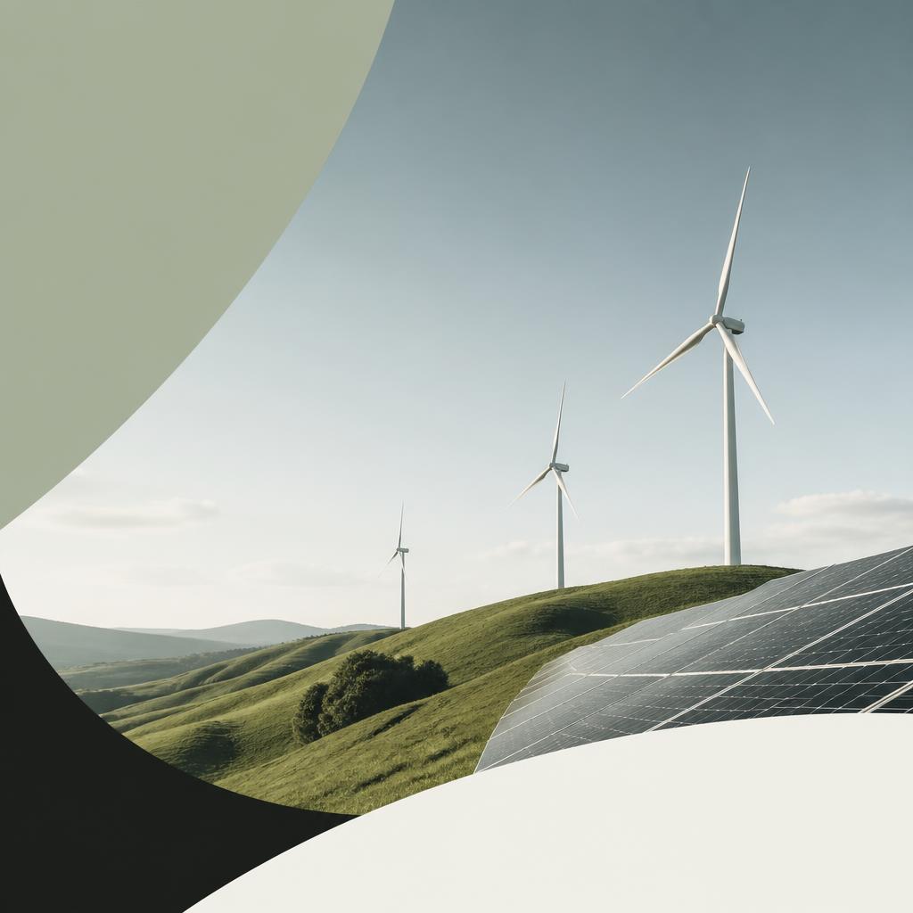 Wind turbines and solar panels on hills.